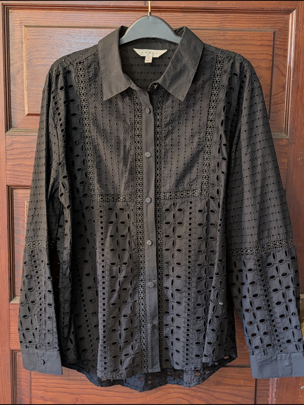Black Lace Eyelet Button-Up Long Sleeve Blouse Adiva Cotton L
